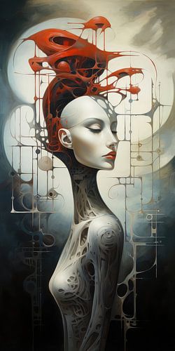 Digital created bizarre surrealist world with woman and landscape