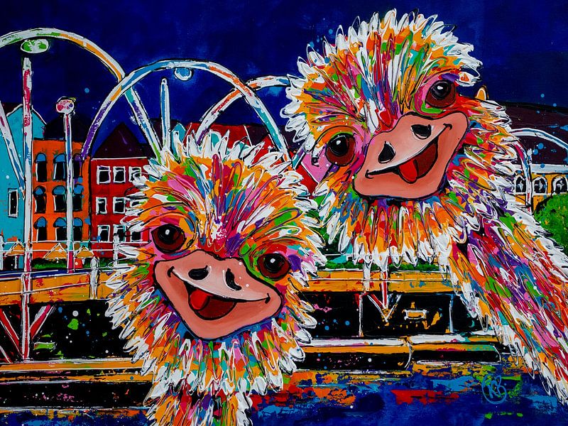 Ostriches in Willemstad in the evening by Happy Paintings