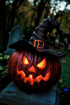 Griezelige pompoen met heksenhoed - Halloween-magie van Poster Art Shop