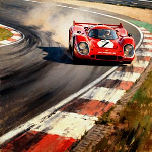 Roter Porsche 917 rast durch eine scharfe Kurve