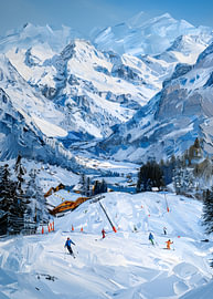 Skisport vor verschneiten Gipfeln – Texturierte Berglandschaft von Dave Schloffi
