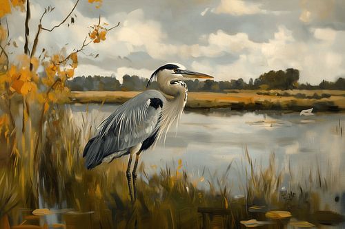 Grey heron on the quiet lakeshore