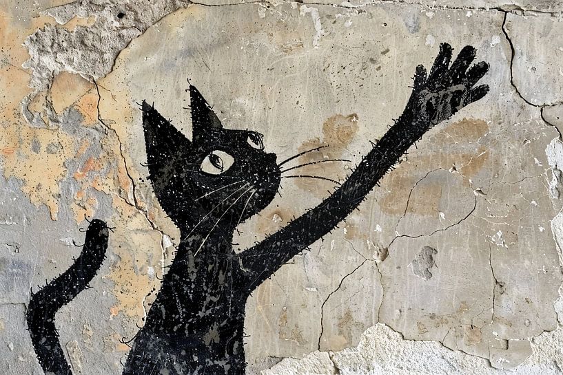 Schwarze Katze an verwitterter Wand, die nach oben greift von Imperial Art House