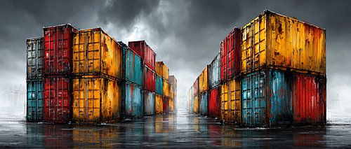 Kleurrijke containers in de regen
