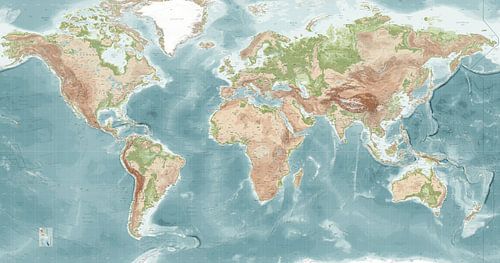 Reliefweltkarte mit Schwerpunkt auf Natur und Ozeane von Nadieh Bremer