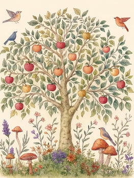 Enchanted Apple Tree with Birds and Mushrooms