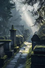 Nebliger Waldfriedhof in der Morgendämmerung von Art & Soul Creations