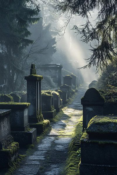 Cimetière forestier brumeux à l'aube par Art & Soul Creations
