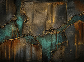 Dunkle Patina-Struktur mit Goldadern und Kupfer