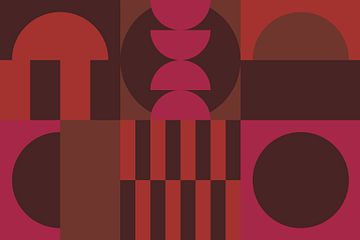 Verbrand oranje, bruin, wijnrood, paars. Geometrische kunst in 70s retro kleuren van Dina Dankers