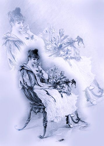 Antieke prent met dame in lila