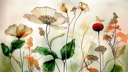 Botanische Illustration: Zerbrechliches und verträumtes Blumenfeld
