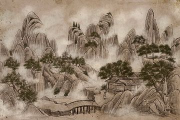 Taoistische Landschaft – Teil 2 – Brücke und Kloster | Binlarto, Indonesien von Buzzles Gallery
