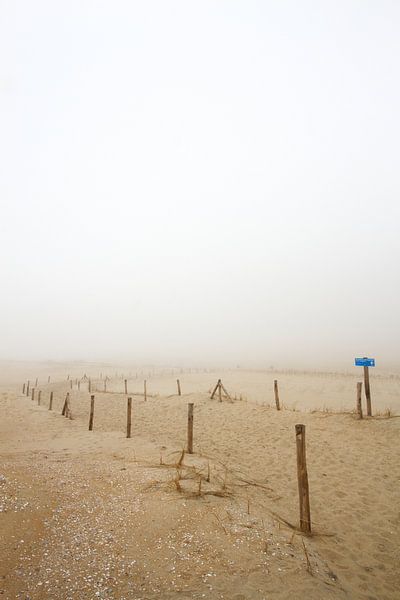 Duinen in de mist met paaltjes en een blauw bord van Suzan Baars