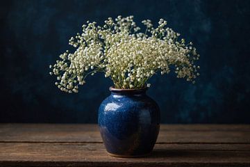 Donkerblauwe vaas met gipskruid op houten tafel van Jan Bouma