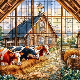 Four cows by the stable in stained glass style by Digital Art Nederland