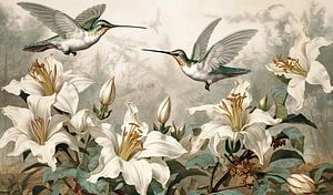 Hummingbirds & White Lilies van Jacky