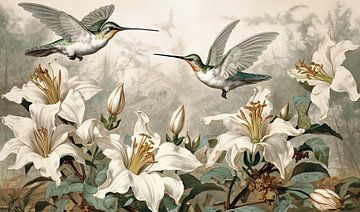 Hummingbirds &amp; White Lilies by Jacky