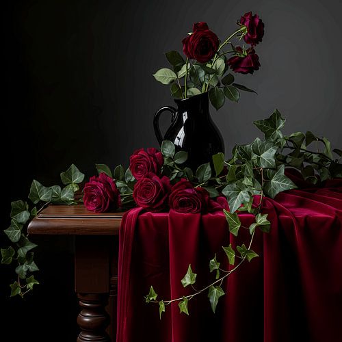 Fading Nocturne Barockes Stillleben in Karminrot und Schatten