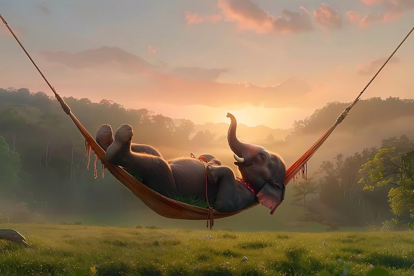 Elefant entspannt sich bei Sonnenuntergang in der Hängematte von Art & Soul Creations