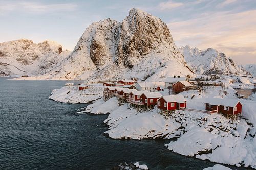 Winter in Hamnøy. Red fishermen's cottages in Lofoten, Norway by Marion Stoffels