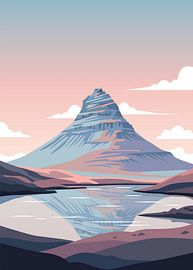 Illustration vectorielle minimaliste et stylisée représentant le mont Kirkjufell se reflétant dans un lac paisible au coucher du soleil.