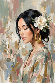 Élégant portrait d'une femme avec un magnolia blanc sur Zala Creative