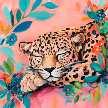 Reclining leopard with floral motifs by Poster Art Shop