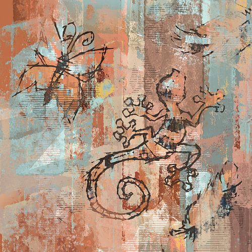 Vierkant kunstwerk in roestbruin en blauw tinten