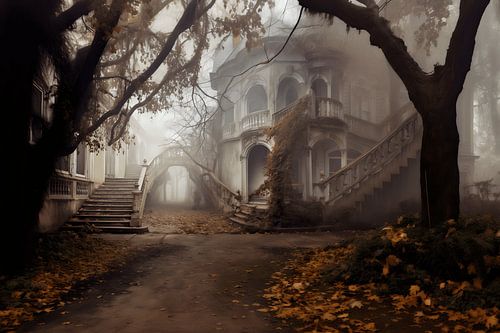 Maison de campagne délabrée en automne brumeux