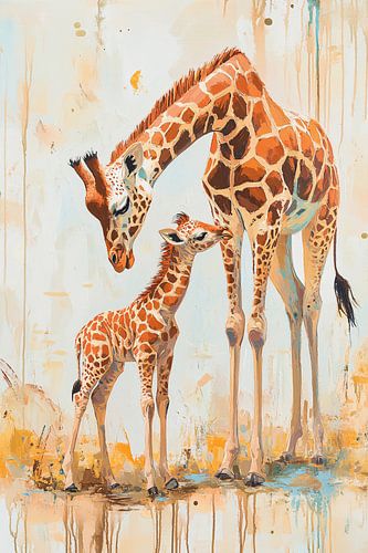 Moeder en kalf giraffes schilderij