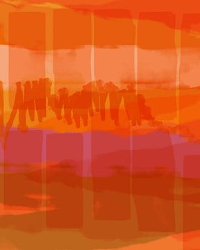 Maison colorée. Peinture abstraite de paysage en orange, violet, terracotta, jaune. sur Dina Dankers