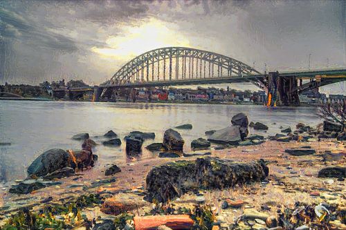 Impressionistisch kunstwerk van Nijmegen - Strandje, de Waal en de Waalkade