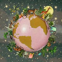 Wereldbol met tropische planten en jungle dieren