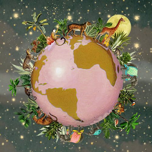 Globe avec des plantes tropicales et des animaux de la jungle