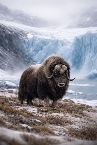 Impressive musk ox in glacier landscape – Arctic wildlife photograph with rugged nature and icy atmosphere