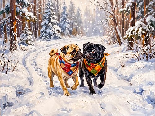 Speelse illustratie van een hond in een winterse bosomgeving