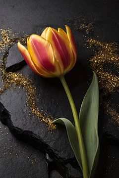 Rote und gelbe Tulpe mit Goldglitter von De Muurdecoratie