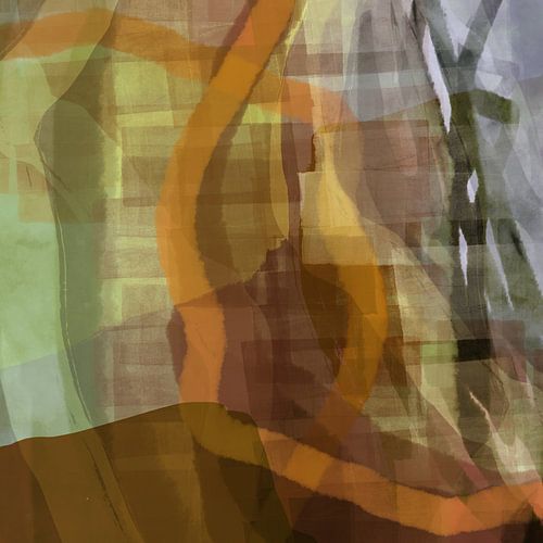 Abstracte aquarelkunst in terracotta, groen en bruin.