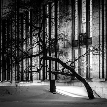 Boom en gebouw in sneeuw bij nacht, Helsinki, Finland van Bertil van Beek