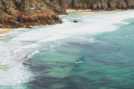 Surfing at sea in Cornwall (England) taken from above