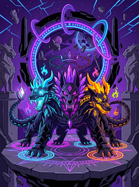 Cosmic Three Headed Cerberus Elemental Flame Portal Graphic Illustration by The Deeper Way