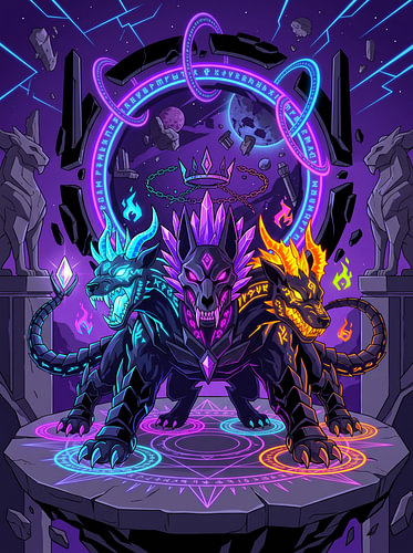 Grafische illustratie van een kosmisch, driekoppig Cerberus-elementair vlamportaal