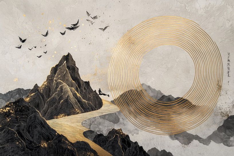 Rustic mountain landscapes with gold accents in ink style by Digitale Schilderijen