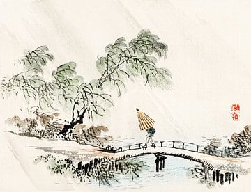 Een man die in de regen de brug oversteekt door Kōno Bairei van Studio POPPY