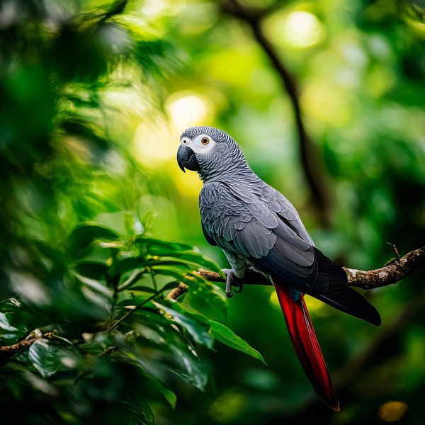 Grey parrot on branch by Poster Art Shop