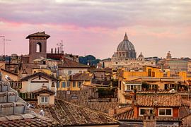 Pink sunset glow over the rooftops in Rome - Italy by Michiel Ton