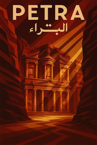 Petra Jordan Art Deco Travel Poster - The Treasury Al-Khazneh Geometric Print par Travel Shop