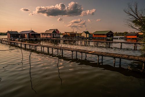 Voetgangersbrug met houten huizen in het meer, Hongarije Bokod