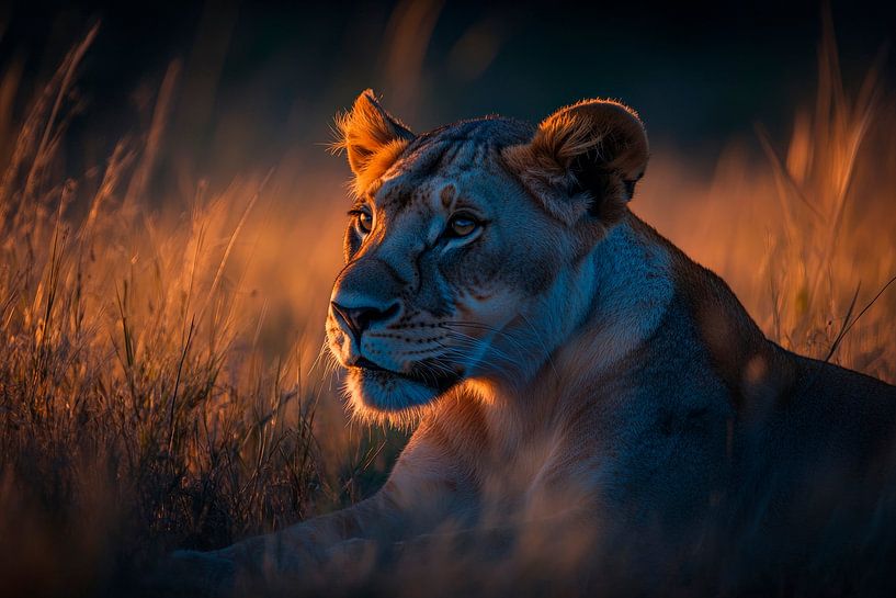 Lioness resting gently in the evening light by Poster Art Shop